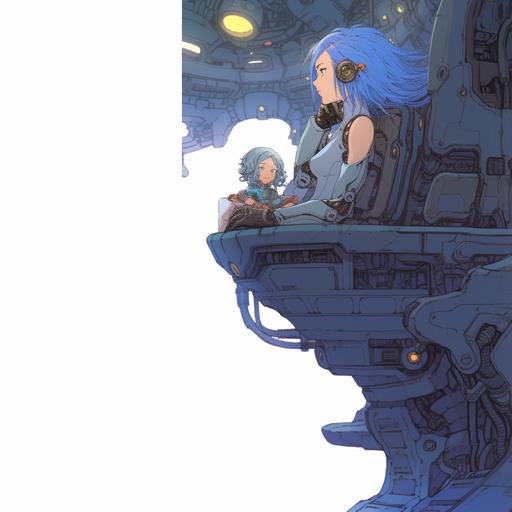 American comic style,A girl wearing mechanical armor is talking,, blue low-cut T-shirt, long and blue hair, sitting on a suspended king's chair, with the captain's room of an alien spaceship in the background,front view --niji 5