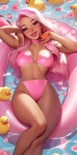 American rapper and singer Saweetie laying on a pool float in a pool surrounded by pink trendy rubber ducks portrait photography by artgerm, in the style of realism, cartooncore, mangacore, natural lighting. fitness thick feminine body. --s 40 --ar 1:2 --niji 5 --style expressive --s 750 --s 750