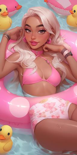 American rapper and singer Saweetie laying on a pool float in a pool surrounded by pink trendy rubber ducks portrait photography by artgerm, in the style of realism, cartooncore, mangacore, natural lighting. fitness thick feminine body. --s 40 --ar 1:2 --niji 5 --style expressive --s 750 --s 750