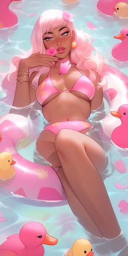 American rapper and singer Saweetie laying on a pool float in a pool surrounded by pink trendy rubber ducks portrait photography by artgerm, in the style of realism, cartooncore, mangacore, natural lighting. fitness thick feminine body. --s 40 --ar 1:2 --niji 5 --style expressive --s 750 --s 750