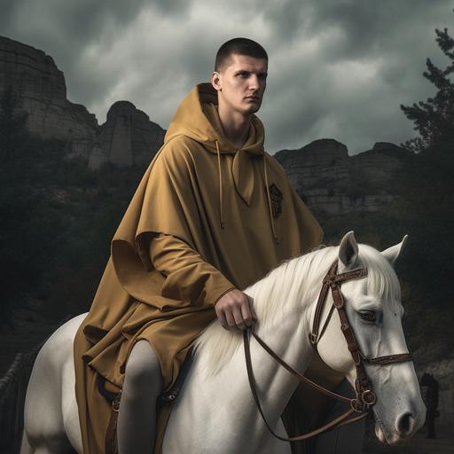 Amidst the heart-pounding mid-journey odyssey, the legendary NBA basketball superstar Nikola Jokic galloped atop a majestic horse with an awe-inspiring display of badassery. His commanding presence exuded an irresistible combination of strength and fearlessness that made onlookers catch their breath. Cloaked in a sleeveless flannel shirt, its edges sharply cut, Jokic's sculpted muscles glistened in the sunlight as he rode. The cutoff design not only accentuated his chiseled physique but also allowed him the freedom of movement necessary for his daring exploits. With each powerful stride of his noble steed, Jokic deftly controlled the mount's unruly energy, showcasing his exceptional horsemanship. The horse's muscles rippled beneath its glossy coat, mirroring the unwavering determination in Jokic's eyes as they forged ahead. In his hand, Jokic wielded an oversized pickaxe with long, menacing spikes, a weapon that spoke volumes about his unyielding resolve. The sheer weight of the tool seemed inconsequential to him, for his firm grip and unshakeable resolve proved that he was not merely a basketball superstar but a force to be reckoned with in any endeavor. Completing this awe-inspiring image of sheer badassery, Jokic wore a joker jester hat atop his head, a defiant symbol of his unconventionality and penchant for pushing boundaries. Its vibrant colors and flamboyant design seemed to taunt the very notion of limits, embracing the spirit of adventure that burned fiercely within him. In this larger-than-life portrayal, Nikola Jokic commanded the mountain, the horse beneath him, and the tools in his hand, becoming a symbol of unrivaled determination and an embodiment of the epitome of badassery. --v 5
