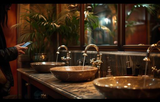Amidst the luxurious ambiance of a high-end club's restroom, adorned with sleek, reflective surfaces and opulent decor, a person frantically searches for their misplaced phone. The element of Water is represented by the elegant, marble sinks with running faucets, under which the phone might have been inadvertently left. Earth is present in the rich, polished stone countertops and the lush, indoor plants that add a touch of nature to the lavish setting. Air circulates the space, carrying the mixed scents of expensive perfumes and hand soaps, possibly masking the sound of a muffled phone ring. Fire is in the warm, ambient lighting that bathes the room, casting soft glows and creating shadows under which the phone could be hiding. The scene captures the urgency and the incongruity of searching for something so mundane in such an extravagant setting, highlighting the contrast between the modern and the timeless. --ar 39:25 --v 6.0 --s 250 --style raw