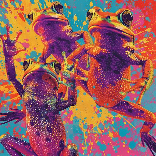 Amphibian Pop Art Dance Party: Visualize a vibrant and quirky pop art-style scene featuring a group of amphibians having a dance party. The image is created in the style of Andy Warhol, with bright, contrasting colors and repeated patterns of frogs and salamanders. Mix this with a high-exposure photography technique, capturing the dynamic movement of the amphibians as if they are dancing to a 1960s upbeat tune. The background is a kaleidoscope of psychedelic colors, creating an unusual, energetic, and fun visual experience. The amphibians are stylized with exaggerated expressions and poses, making the scene playful and lively. Prompt created with a nod to pop culture and creative photography, prompt created by MegUSN1, M A Aguilar --ar 1:1 --v 6.0 --s 250 --style raw