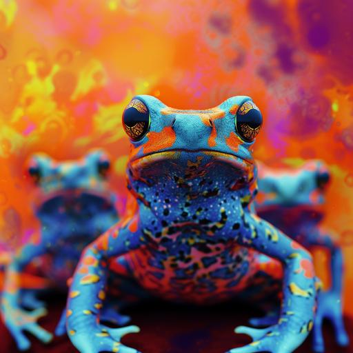 Amphibian Pop Art Dance Party: Visualize a vibrant and quirky pop art-style scene featuring a group of amphibians having a dance party. The image is created in the style of Andy Warhol, with bright, contrasting colors and repeated patterns of frogs and salamanders. Mix this with a high-exposure photography technique, capturing the dynamic movement of the amphibians as if they are dancing to a 1960s upbeat tune. The background is a kaleidoscope of psychedelic colors, creating an unusual, energetic, and fun visual experience. The amphibians are stylized with exaggerated expressions and poses, making the scene playful and lively. Prompt created with a nod to pop culture and creative photography, prompt created by MegUSN1, M A Aguilar --v 6.0 --s 250 --style raw