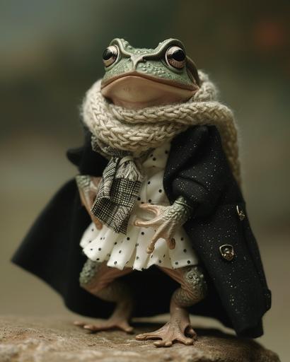 Amphibian Vogue Cover Shoot in Chanel Style: Picture a sophisticated amphibian model in a Vogue magazine cover-style shoot, featuring the elegant and timeless design aesthetic of Coco Chanel. The frog is photographed in a classic, high-fashion pose, adorned in miniature Chanel-inspired attire. The photography style is sleek and chic, with a focus on simplicity and elegance, capturing the amphibian in a way that elevates it to a level of high fashion and celebrity. The composition blends the charm of the amphibian with the luxurious and iconic style of Chanel. Prompt created by MegUSN1, M A Aguilar --ar 4:5 --v 6.0 --s 250 --style raw