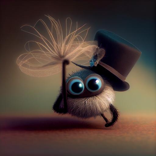 An 8 legged adorable baby jumping spider, top hat and cane, dancing. Pixar, Ghibli --upbeta