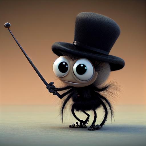 An 8 legged adorable baby jumping spider, top hat and cane, dancing. Pixar, Ghibli --upbeta