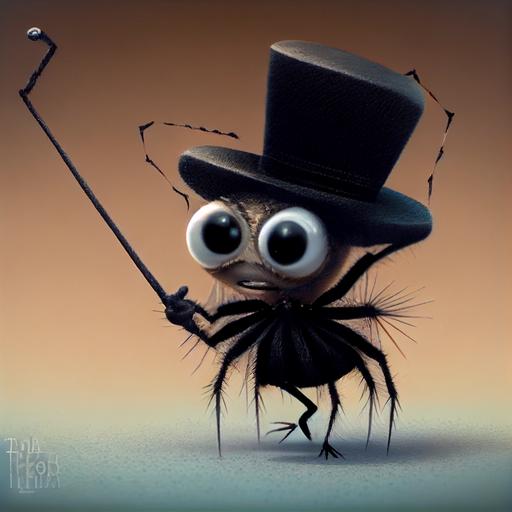 An 8 legged adorable baby jumping spider, top hat and cane, dancing. Pixar, Ghibli --upbeta