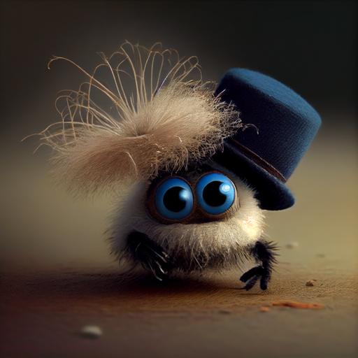 An 8 legged adorable baby jumping spider, top hat and cane, dancing. Pixar, Ghibli --upbeta