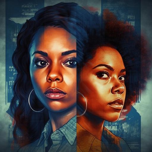 An 8X10 poster for a movie featuring Regina King and Yara Shahidi's faces both on the cover in the style of a true crime documentary. A combo of HDR photorealistic and illustration