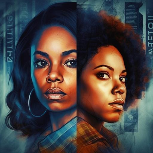 An 8X10 poster for a movie featuring Regina King and Yara Shahidi's faces both on the cover in the style of a true crime documentary. A combo of HDR photorealistic and illustration