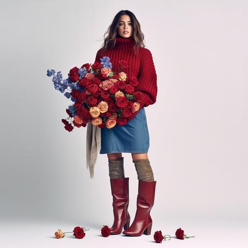 An America, full body, white background, rose red, wool sweater, blue jeans skirt, professional photography, many flowers, brown boots