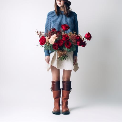 An America, full body, white background, rose red, wool sweater, blue jeans skirt, professional photography, many flowers, brown boots