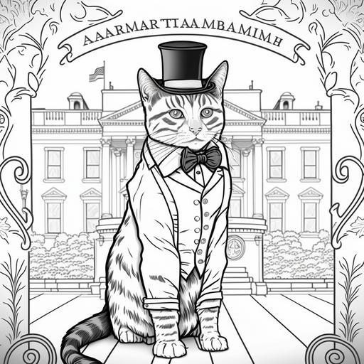 An American bobtail cat dresses like Famous Governor: Abraham Lincoln. Suit Design: A Victorian-era suit, with details such as a top hat and bow tie. Setting: background of the White House. Drawing style: thick, defined lines for a detailed effect. Graphic design for adult coloring book, black and white design, easy to coloring page
