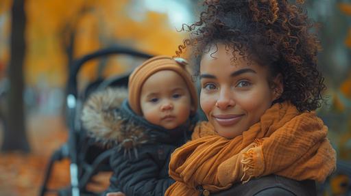 An American mother sits on a park bench with her baby in her arms, her eyes filled with love. Next to it, there is a stroller parked. 8K --ar 16:9 --v 6.0 --style raw --s 750