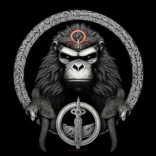 An Ape's head surrounded by an Ouroboros which is made to look like both a snake, and a cog, Gorilla head, Serpent Ouroboros, Cog Ouroboros, Sigil of a High Lord's House in Warhammer 40K, Lord's Heraldry in the Imperium of Man,