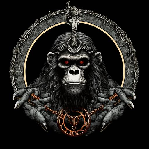 An Ape's head surrounded by an Ouroboros which is made to look like both a snake, and a cog, Gorilla head, Serpent Ouroboros, Cog Ouroboros, Sigil of a High Lord's House in Warhammer 40K, Lord's Heraldry in the Imperium of Man,