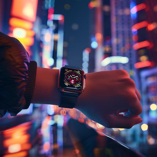 An Apple Watch Ultra ad featuring a sleek, futuristic cityscape backdrop with neon lights reflecting on glass skyscrapers, the watch prominently displayed on a model’s wrist, showcasing its elegant design and advanced features, Photography, using a wide-angle lens to capture the city skyline and close-up details of the watch, –ar 16:9 –v 5
