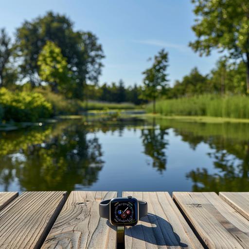 An Apple Watch Ultra ad set in a serene natural environment, with lush greenery and a tranquil lake reflecting the clear blue sky, the watch elegantly positioned on a wooden dock, capturing the essence of relaxation and connection to nature, Photography, using a macro lens to emphasize the watch’s details against the backdrop of nature, –ar 16:9 –v 5