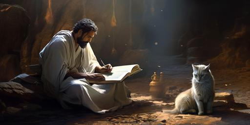 An Arabian student sitting and facing his teacher, writing the words of his teacher, on a rocky floor, camera showing the back of the teacher in a white cloak, cats and books around, cinematic lighting, detailed, realistic, --ar 2:1