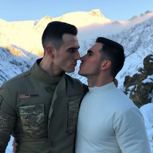 An Armenian young doctor, with short black hair, thin and short in height and clean shaved, in a white medical apron, kisses an Azerbaijani much more taller, handsome and muscular soldier with black short gelled hair with a swarthy complexion, clean shaved and dressed in a camo jacket and black military boots against the backdrop of snow-covered mountain peaks standing on the grass, gay, love, realistic photo in 2020