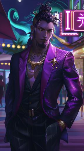 An Asian Martial Arts Fighter named Shen Loong Dragon, he can transform into a hybrid Dragon / Black Tiger beast, Buraddi Roa, Animorphs, Tekken, Triad Gangster Club Suit, purple accents, gold male jewelry, standing outside of a Casino, cinematic lighting, backlighting, colorful, cel artwork, cel shaded, anime style, --ar 9:16 --v 6.0