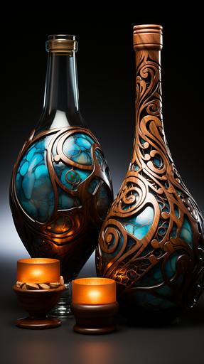 An Atlantean glass Wine goblet and an ice-blue atlantean wine bottle on an intricate table made of inlaid ebony wood and rose wood and Cimmerian walnut wood --c 40 --ar 9:16 --s 1000