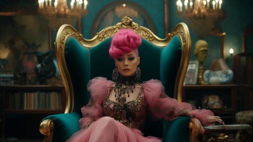 An East Asian woman with an elaborate pink hair updo sits in an antique armchair in a room reminiscent of a minimalist versailles interior. She wears a dark sequined suit and black boots, colorful jelly beans that are scattered on the blue carpet around her. Behind her, the room is adorned with heavy faded curtains, an ornate gold-framed mirror atop a classical dresser filled with trinkets, The mood is one of opulent faded eccentricity. disposable faded film look, light leaks --ar 16:9