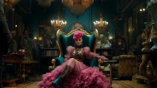 An East Asian woman with an elaborate pink hair updo sits in an antique armchair in a room reminiscent of a minimalist versailles interior. She wears a dark sequined suit and black boots, colorful jelly beans that are scattered on the blue carpet around her. Behind her, the room is adorned with heavy faded curtains, an ornate gold-framed mirror atop a classical dresser filled with trinkets, The mood is one of opulent faded eccentricity. disposable faded film look, light leaks --ar 16:9