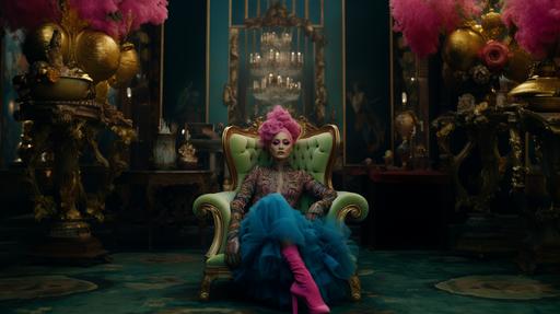 An East Asian woman with an elaborate pink hair updo sits in an antique armchair in a room reminiscent of a minimalist versailles interior. She wears a dark sequined suit and black boots, colorful jelly beans that are scattered on the blue carpet around her. Behind her, the room is adorned with heavy faded curtains, an ornate gold-framed mirror atop a classical dresser filled with trinkets, The mood is one of opulent faded eccentricity. disposable faded film look, light leaks --ar 16:9