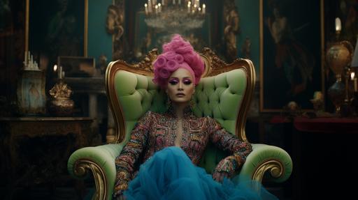 An East Asian woman with an elaborate pink hair updo sits in an antique armchair in a room reminiscent of a minimalist versailles interior. She wears a dark sequined suit and black boots, colorful jelly beans that are scattered on the blue carpet around her. Behind her, the room is adorned with heavy faded curtains, an ornate gold-framed mirror atop a classical dresser filled with trinkets, The mood is one of opulent faded eccentricity. disposable faded film look, light leaks --ar 16:9