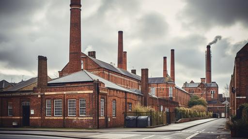 An English factory from the 1800s stands imposingly, with red brick walls, sash windows, pitched roofs, smoking chimneys and possible cast iron detailing. --ar 16:9