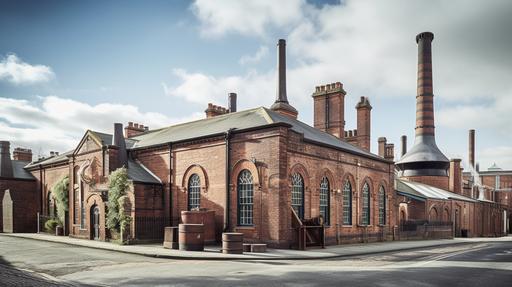 An English factory from the 1800s stands imposingly, with red brick walls, sash windows, pitched roofs, smoking chimneys and possible cast iron detailing. --ar 16:9