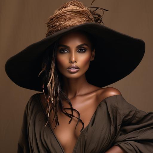 An Ethiopian Arab Eritrean model with high cheekbones and big slanted eyes wearing a plumage hat