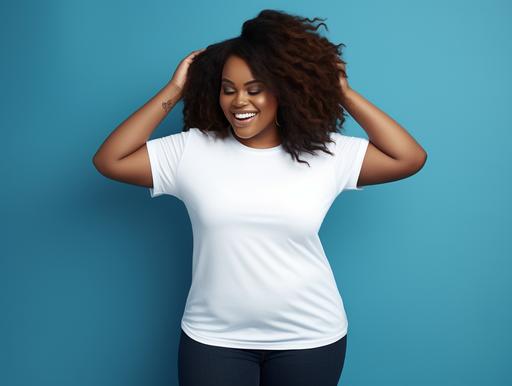 An Extreme Wide-shot, of a young plus size, black female model wearing a white blank Bella   Canvas 3001 T-shirt casual and is placed in the center. Woman is looking to the right of the camera, with her hand touching her hair. Highly detailed, bold contrasting color. Depth, FHD, blue background, Perfectionism, Max Detail, Intricate   Dynamic Lighting, Dramatic Lighting --ar 4:3 --s 50