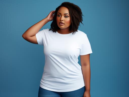 An Extreme Wide-shot, of a young plus size, black female model wearing a white blank Bella   Canvas 3001 T-shirt casual and is placed in the center. Woman is looking to the right of the camera, with her hand touching her hair. Highly detailed, bold contrasting color. Depth, FHD, blue background, Perfectionism, Max Detail, Intricate   Dynamic Lighting, Dramatic Lighting --ar 4:3 --s 50