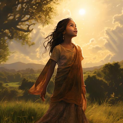 An Indian village young girl, stands barefoot on a lush green meadow, her toes sinking gently into the rich, fertile earth. Sunlight streams through the trees, casting a golden glow on her face and illuminating the particles of soil that dance in the air.