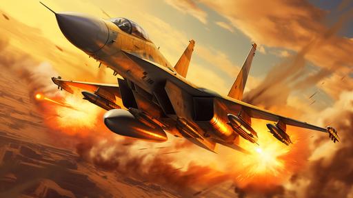 An Iranian Su-35 fighter jet launches a missile, realistic cartoon style, --v 5.2 --ar 16:9