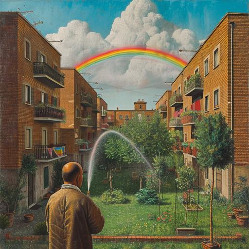 An Italian townscape lined with brick apartments. In the distance is the back view of a young bald man with a skinhead. He is watering the lawn in the small garden in front of his apartment. He is spraying water with a hose. There is a rainbow around the water. In the style of Utrillo's painting. Skinhead. --v 6.0