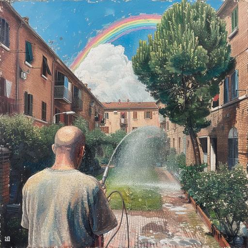 An Italian townscape lined with brick apartments. In the distance is the back view of a young bald man with a skinhead. He is watering the lawn in the small garden in front of his apartment. He is spraying water with a hose. There is a rainbow around the water. In the style of Utrillo's painting. Skinhead. --v 6.0