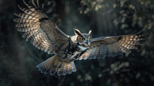 An Ode to Horned Owls In twilight's embrace where shadows merge with light, Dwells a sovereign of silence, a majestic sight. With tufts like crowns and eyes, deep wells of night, The horned owl reigns, a guardian in flight. From ancient forests to the edges of our dreams, Their calls resonate, more than what it seems. A soft, haunting hoot that through the darkness streams, Stitching the night with its mysterious themes. Wings spread wide, they glide with grace, Masters of the air, the night their embrace. In their silent hunt, they leave no trace, Save for the awe in the heart, and a quickened pace. Eyes that pierce the veil of night's deep shroud, Seeing what's hidden, unbowed and proud. In their gaze, wisdom ancient and allowed, Speaks of mysteries, in silence avowed. Feathers adorned in mottled hues of brown and white, Camouflaged in daylight, specters in the night. Their presence a reminder of nature's might, And the delicate balance, out of sight. To the horned owl, this ode I weave, A tribute to the magic you conceive. In the quiet of the night, when you take your leave, It's a world of wonder that you achieve. So here's to you, noble creature of the night, May your flights be ever graceful, your future bright. In the realm of shadows, you are the light, An emblem of nature's unfathomable might. --ar 16:9 --v 6.0 --style raw