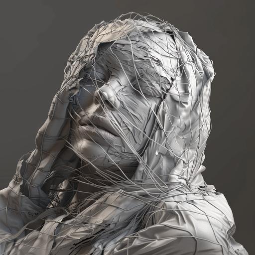 An abstract , 3d portrait of a woman with her face covered with sheets of cloth, in the style of cracked, meticulous linework precision, zbrush, fragmented bodies, graceful sculptures, supernatural realism, made of chicken net, --s 20 --v 6.0