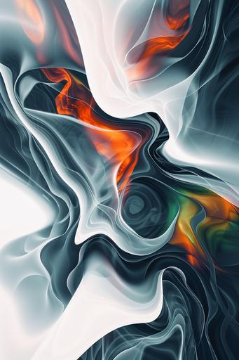 An abstract and minimal flat design with a focus on fluid and organic forms, reminiscent of flowing water and molten lava. The composition should convey a sense of ethereal fluidity and transformation. capture the fluid motion, northern lights, white negative space --no text, drips, fonts, letters, frames, canvas --ar 2:3 --style raw --v 6.0