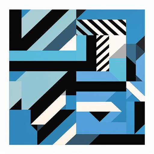 An abstract poster featuring a nordic style geometric design with black zig zag lines and blue block colours