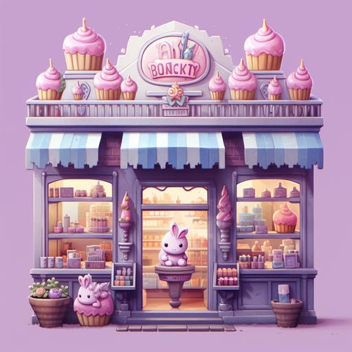 An adorable chibi-style illustration of a unicake bakery, with a display case filled with colorful and whimsical unicorn-inspired desserts, including unicorn cakes, cupcakes, and pastries. The bakery is decorated in shades of pastel pink and purple, with cute unicorn-themed wallpaper and decor.