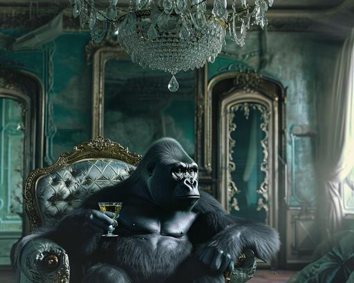 An adult silverback gorilla sits in an armchair in an Armani suit, drinking whisky and watching a human in a cage washing his dishes. A crystal chandelier in the center of a living room in an XVIII century manor. Slow shutter speed, and long exposure. Hyper-realistic, High contrast of colors. Very long exposure time, blurry movements, 128K. HD, Ultra-Wide Angle, Depth of Field. Octane render, Intricate details. hyper-realistic, no signature, no label. --ar 164:132 --v 6.0