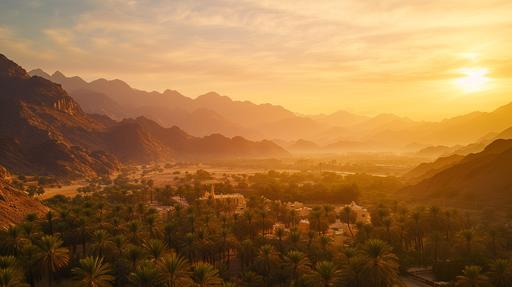 An aerial shot of Madinah mountains during sunset, the sky painted with hues of orange and pink, palm trees and the mountains casting long shadows. Minimalist composition. Created Using: drone photography emulation, golden hour lighting, soft shadows, warm tones, tranquil atmosphere, expansive view, high clarity, natural beauty, palm tree silhouettes --ar 16:9 --v 6.0