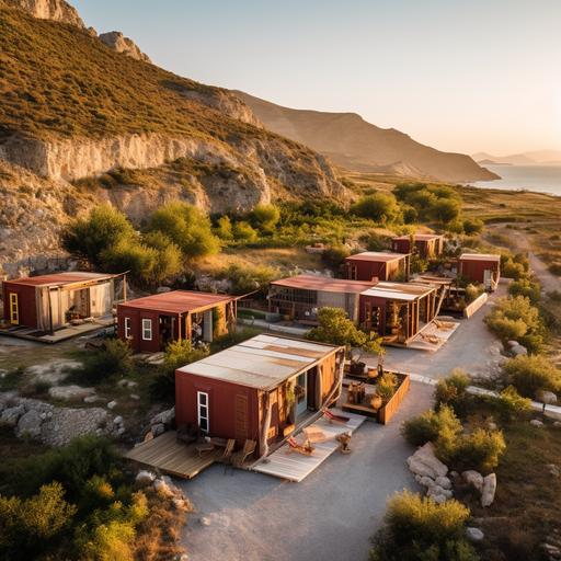 An aerial view captures the idyllic glamping site in the heart of Borsh, Albania, basking in the golden glow of the late afternoon sun. The layout unveils a meticulously arranged ensemble of 10 cabins, each constructed from repurposed shipping containers and adorned with a rustic wooden exterior. These unique container cabins, measuring 3 by 6 meters, are strategically scattered across the one-thousand-square-meter square plot. Private outdoor spaces surround each container cabin, offering an intimate retreat for guests amidst vibrant greenery. Low fences, crafted to provide a sense of seclusion, encircle these individual havens. A network of well-defined pathways, incorporating natural materials, gracefully connects the container cabins, the host's residence, and common areas, creating both functionality and visual appeal. The aerial perspective thoughtfully illustrates the layout of the glamping site, highlighting the distinctive design of the container cabins and the integration of private outdoor spaces. The architectural concept seamlessly blends local cultural influences with the practicality of repurposed shipping containers, offering a unique and sustainable glamping experience. This artistic portrayal emphasizes the innovative use of container architecture while maintaining the warmth of a traditional wooden exterior. The image encapsulates the tranquil atmosphere of the glamping site, inviting guests to indulge in the charm and sophistication of container-based accommodations in the southern Albanian landscape.