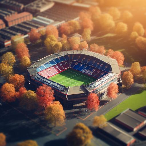 An aerial view of a scale model of a red and blue striped English football stadium, with a logo of a green tree at the stadium entrance with symmetrical framing, pastel colors, and a vintage filter