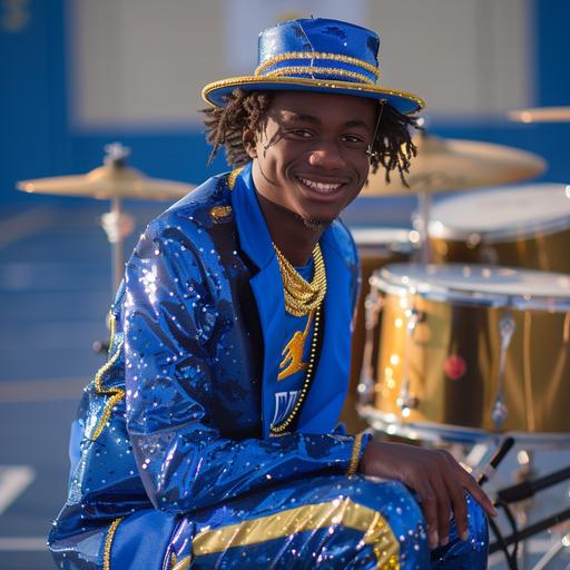 An african american exotic model smiling happy in his teens dressed for the prom in blue and gold with Jordan shoes and hat and a basketball court background taken with a 4k lens Nikon camera with marching band drums